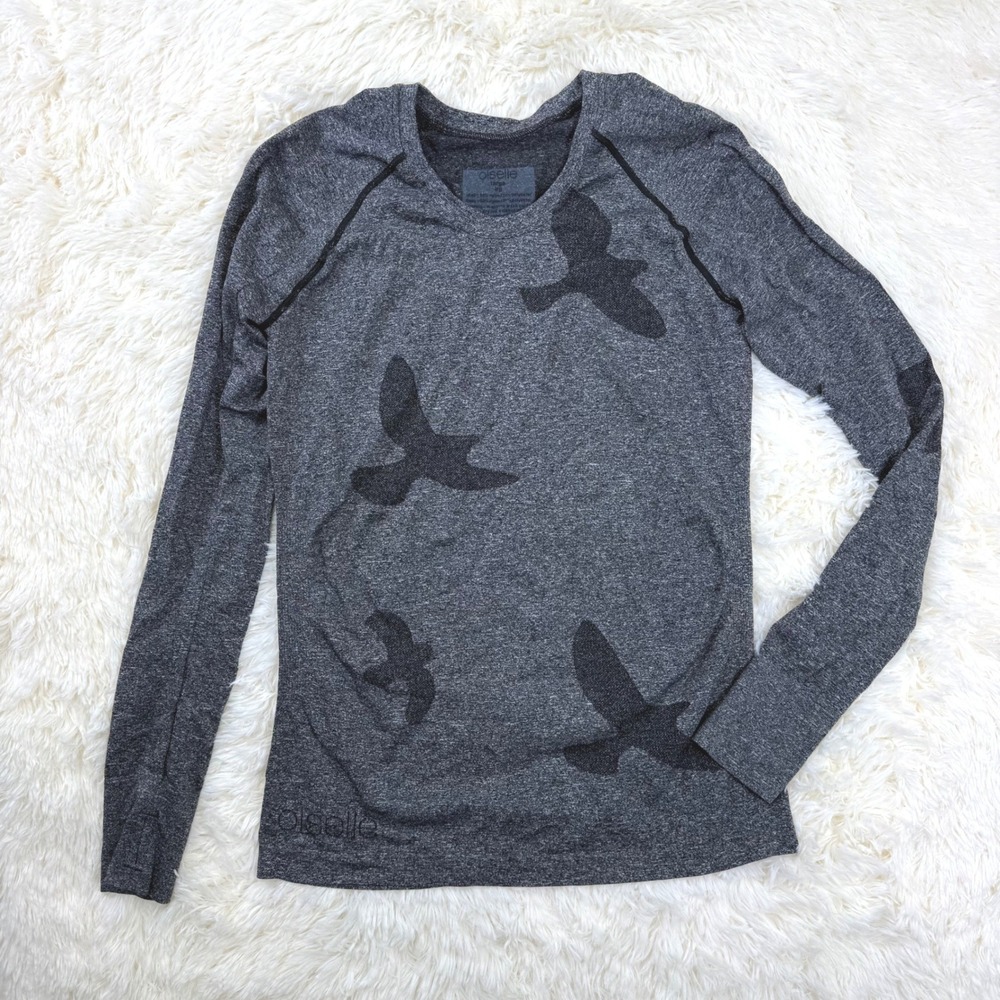 Oiselle Flyte Long Sleeve Top Women Large Grey Bird Print Thumbholes Seamless
